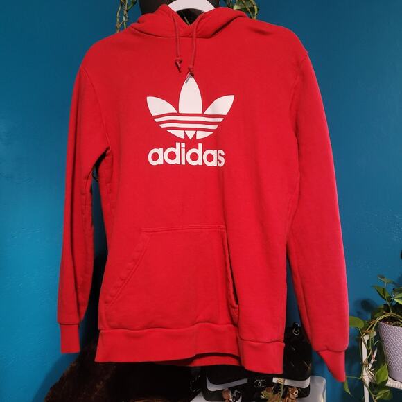 Adidas Trefoil Red Hoodie White Logo‎ Sweatshirt Small VGUC - Picture 1 of 5